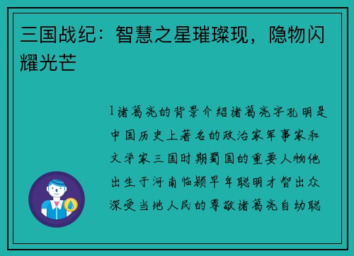 三国战纪：智慧之星璀璨现，隐物闪耀光芒